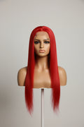 Red wig on a mannequin head in an indoor